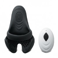 Vibrating Cock Ring with Balls Holder w/Remote Control, 10 Function, Silicone, BLACK